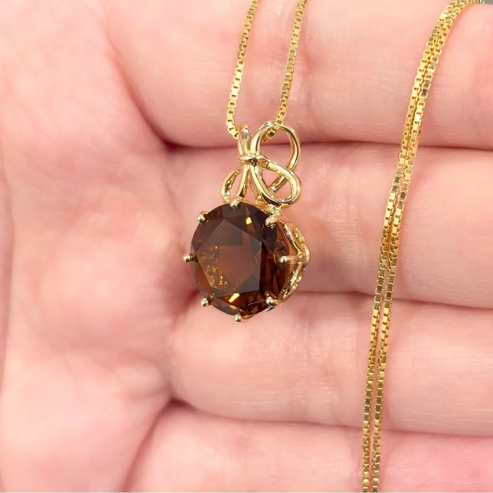 Vintage 14K Gold Smoky Quartz Pendant Necklace: Filigree Bow, Star Cut - Picture 7 of 10